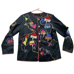 VTG 90s Julia Kim House Jacket S Black Embroidered Applique Wearable Art Artsy